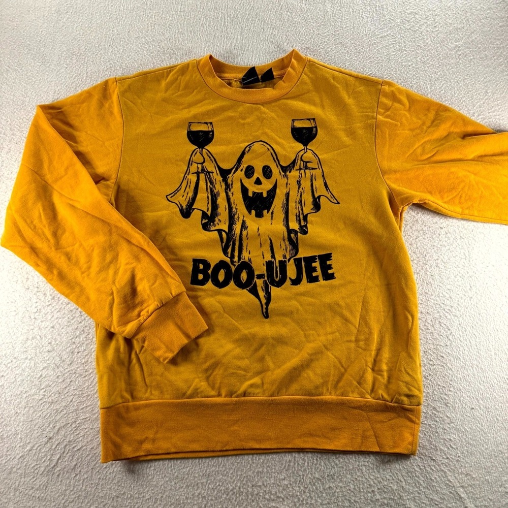 Mad Engine Sweatshirt Unisex S Yellow Boo-Ujee Ghost Wine Graphic Cozy Comfy